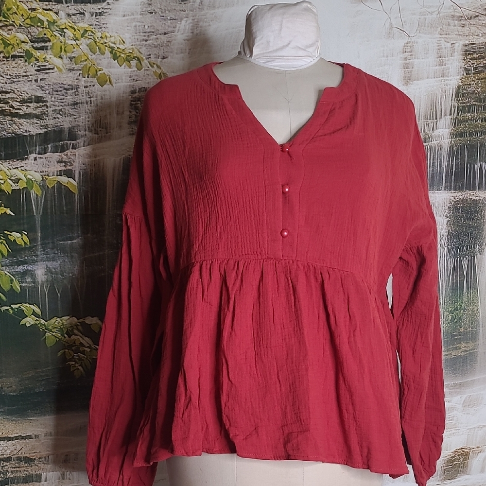 New with tag! Kojooin Womens Large burgundy babydoll flowy long sleeve blouse